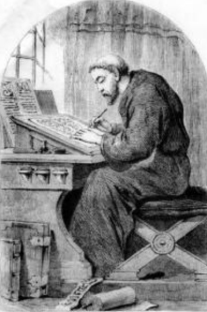 Symmachus translating the bible - woodcut image